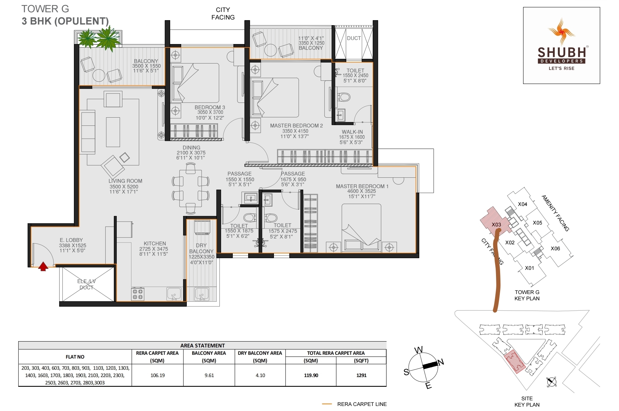 3 BHK 1096 sqft floor plan